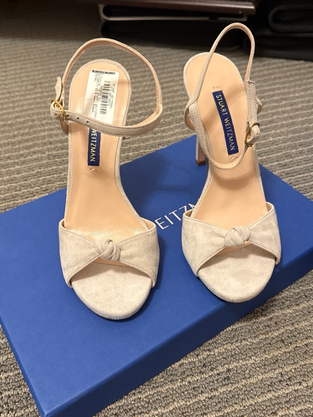 Stuart Weitzman Beige Suede Knot Front Ankle-Strap Heels